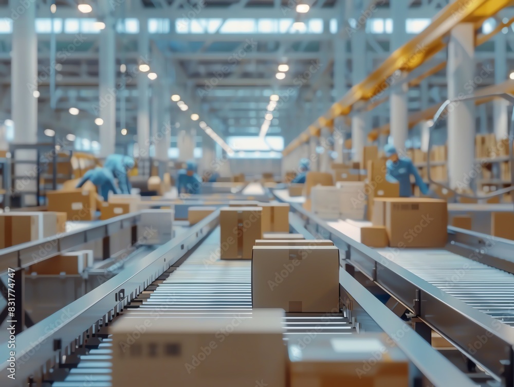 Naklejka premium Distribution center with workers sorting packages, high detail