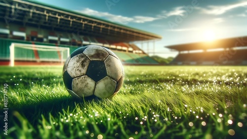 A Close-up Shot Of A Dirty Soccer Ball On A Lush, Green Soccer Field With A Stadium In The Background