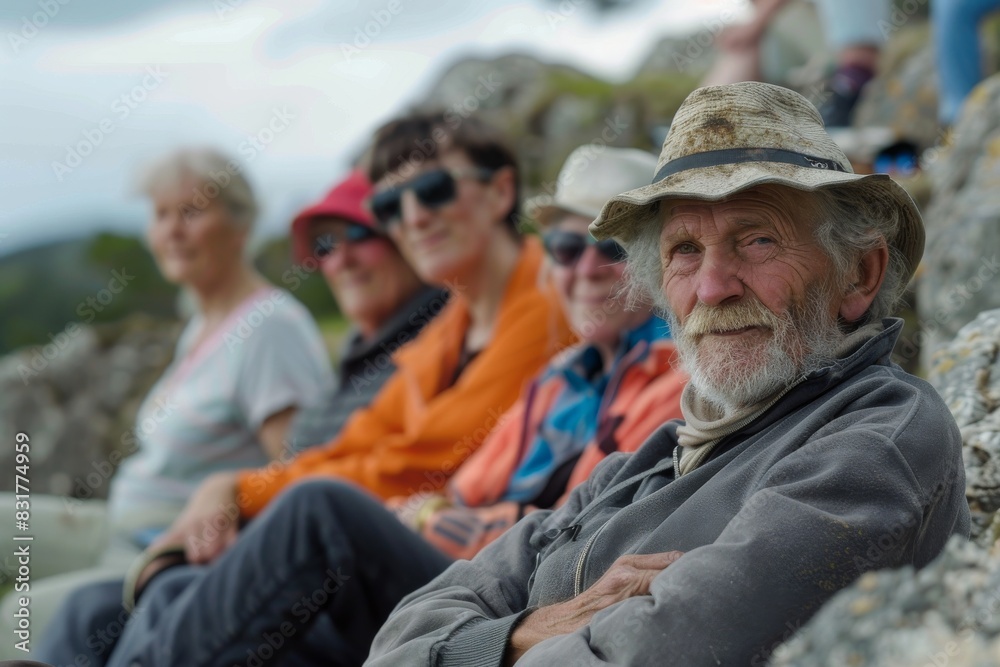 Old man sitting on a rock with his friends in the background. Old man sitting on a rock with his friends in the background.