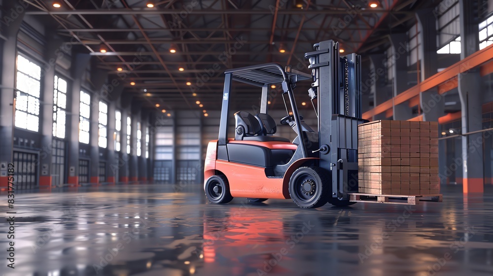 Forklift moving pallets in a large distribution center, detailed render