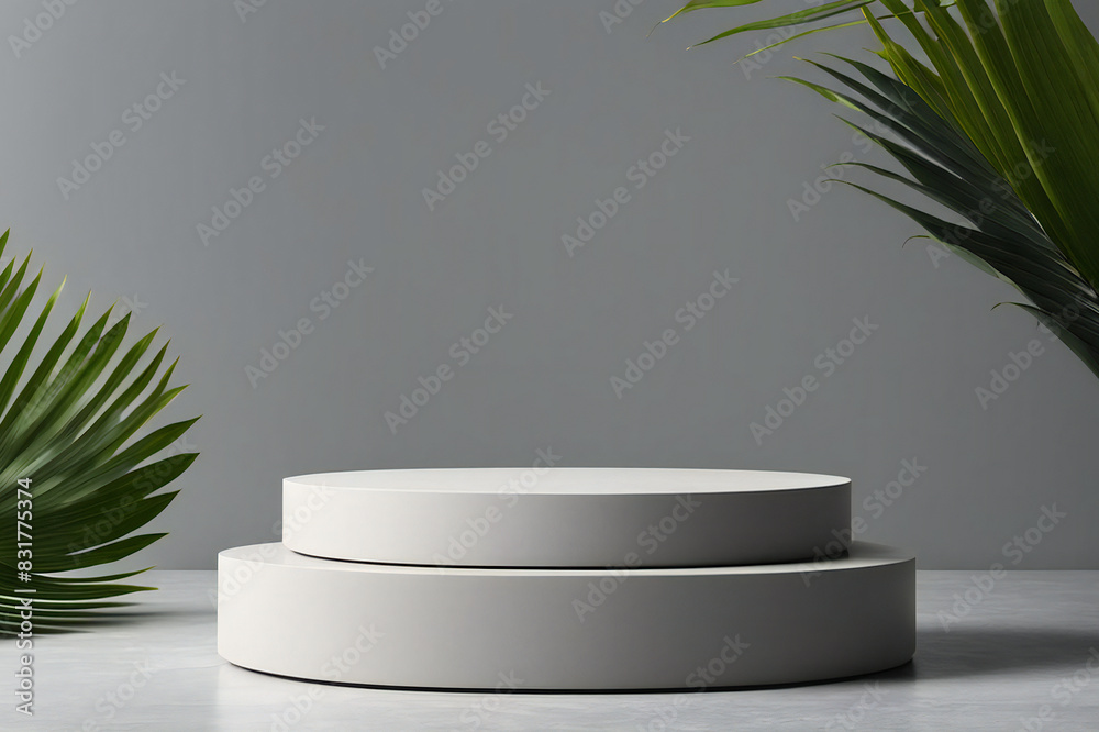 Round gray stone podium stand with tropical leaves background. cosmetics product advertising concept. Round gray stone podium stand with tropical leaves background. cosmetics product advertising concept.