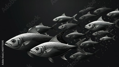 Ecosystem Pulse: Group of Silhouetted Fish in Circular Formation photo
