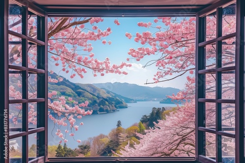 View of Japan from a Japanese hotel window at spring with Cherry Blossom tree / Sakura tree