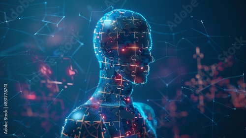 Interlocking puzzle pieces forming a human figure representing the seamless integration and interoperability of healthcare systems through blockchain.