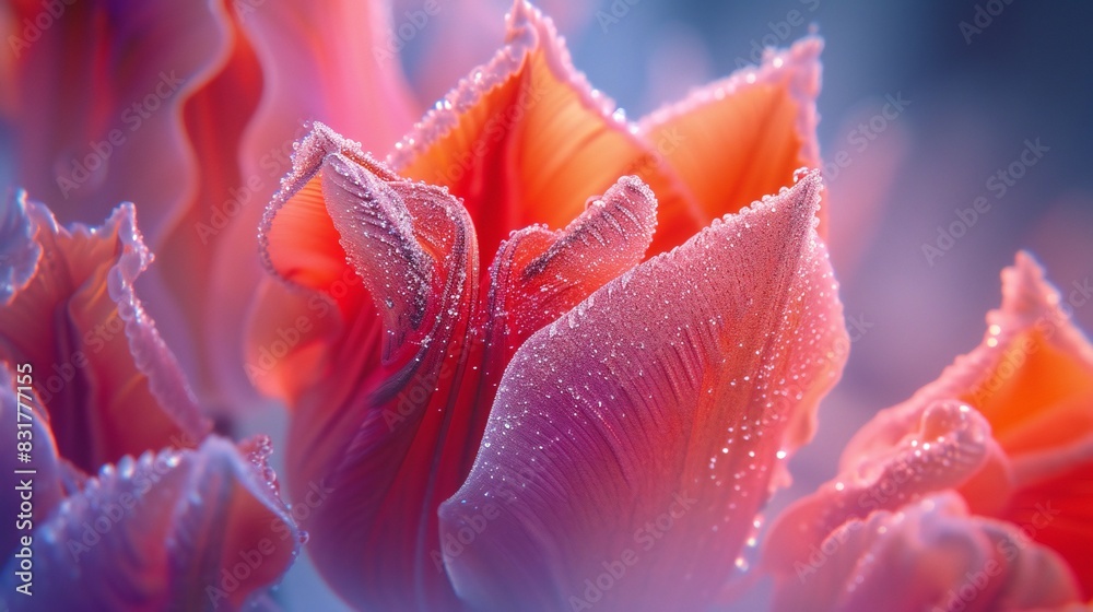 Frozen Luster: Tulip's petals, transformed by frost, exuding a captivating glow with a balance of cold and warm tones. Frozen Luster: Tulip's petals, transformed by frost, exuding a captivating glow with a balance of cold and warm tones.