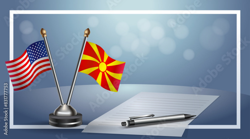 USA and Macedonia Small national flag on bokeh background, cooperative relationship