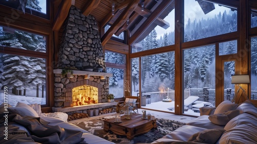 Rustic mountain cabin living room with stone fireplace, warm wooden beams, and panoramic windows displaying a snow-covered forest.