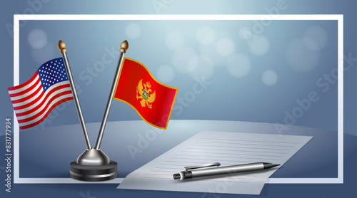 USA and Montenegro Small national flag on bokeh background, cooperative relationship