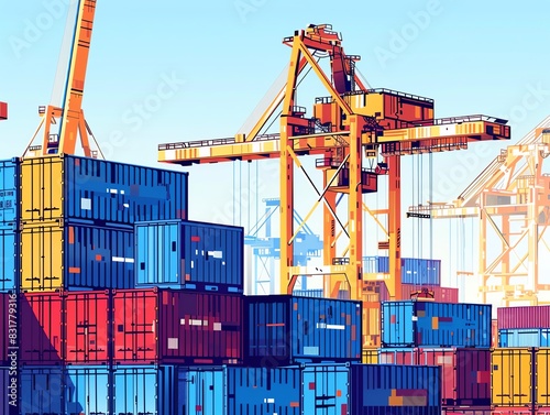 Shipping containers stacked at a shipping yard, with cranes in the background, high detail photo
