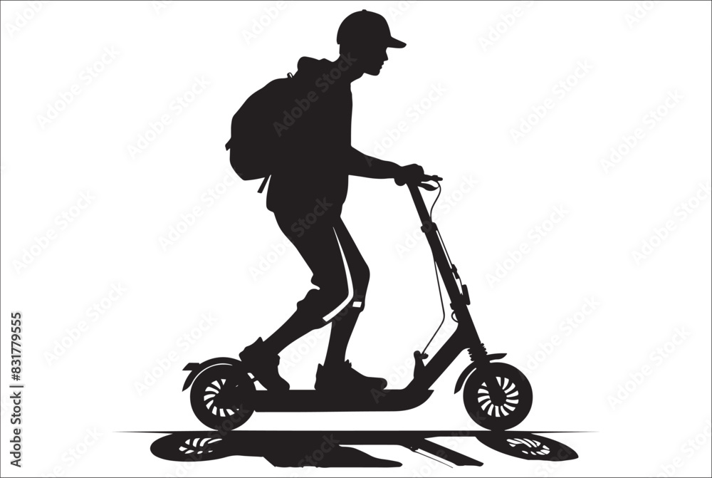 Electric scooter Silhouette Vector on white background, Man Riding an electric Scooter Silhouette vector illustration.
Electric scooter Silhouette Vector on white background, Man Riding an electric Scooter Silhouette vector illustration.