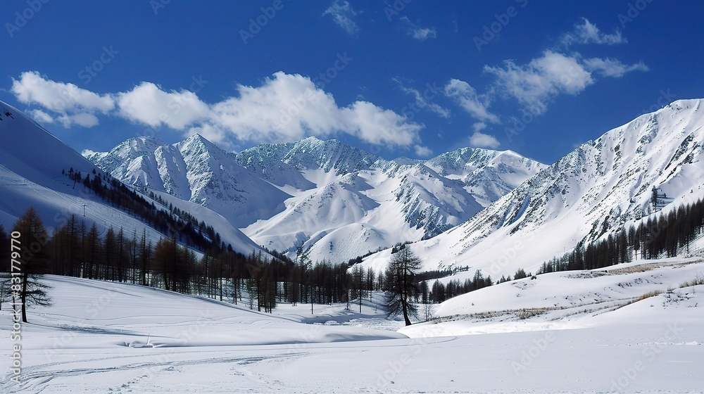 Altay's Winter Wonderland: Snow-Covered Landscapes with Majestic Peaks and Blanketed Trees, A Tranquil and Serene Snowscape