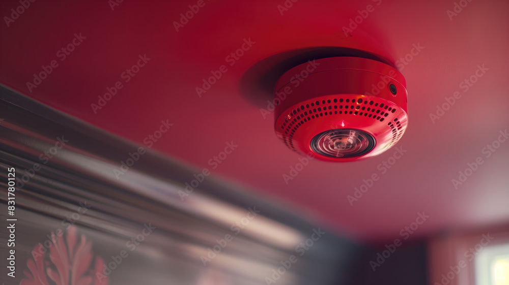 Obraz premium A red smoke detector mounted on the ceiling, a crucial safety and security device that sounds an alarm in case of fire, ensuring immediate attention to potential danger