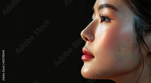Close up of beautiful Asian woman with flawless skin, side profile, side lighting, black background, long face, thin lips
