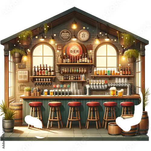 Cozy rustic bar interior with a row of stools, wooden counter, and shelves full of various liquor bottles. Warm and inviting atmosphere. photo