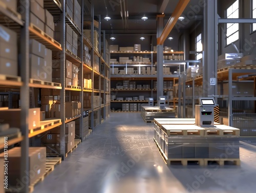 Warehouse with barcode scanners and labeled shelves, realistic render
