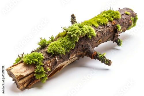 isolated rotten branch covered with moss