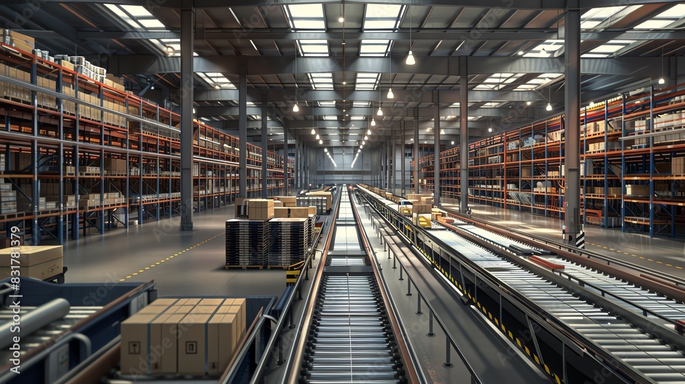 Warehouse with conveyor belts and packed shelves, capturing dynamic action