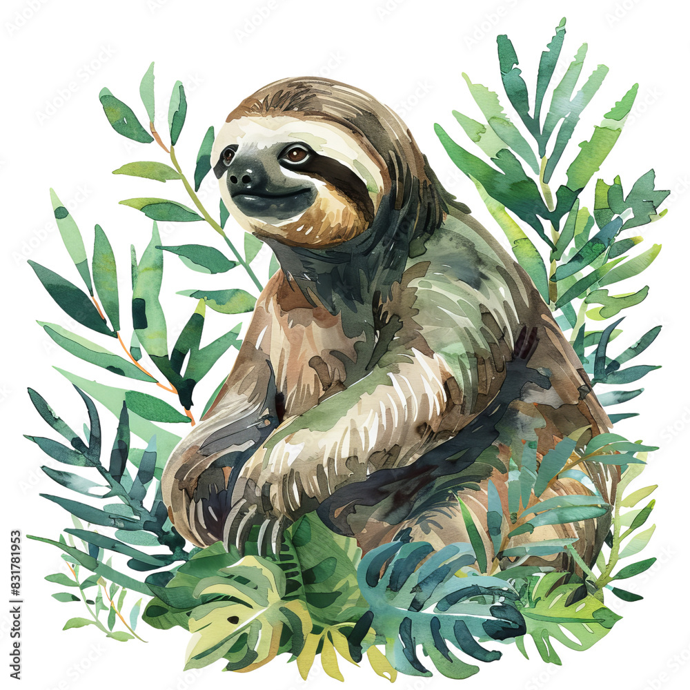 Illustration of a sloth nestled among green leaves and foliage, featuring vibrant colors and detailed, lifelike depiction in watercolor style. Illustration of a sloth nestled among green leaves and foliage, featuring vibrant colors and detailed, lifelike depiction in watercolor style.