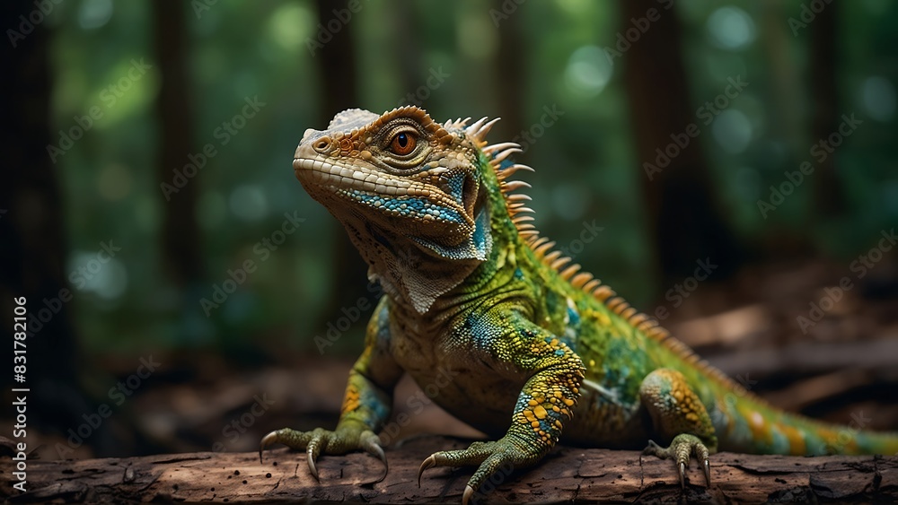 portrait of a beautifully patterned iguana relaxing on a tree trunk with a blurred background portrait of a beautifully patterned iguana relaxing on a tree trunk with a blurred background