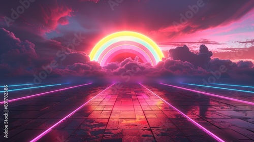 Retro 80s synthwave cityscape with LGBTQ symbols, blending futuristic elements with a celebration of pride photo