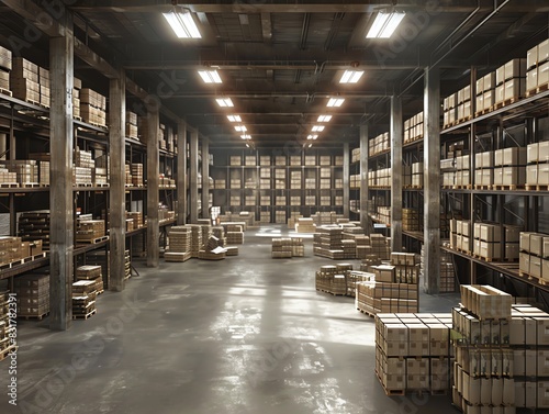 Warehouse with labeled aisles and inventory, detailed and lifelike photo