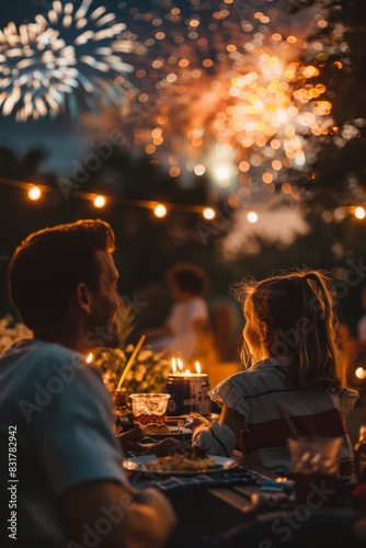 Family enjoying an outdoor dinner under the night sky with colorful fireworks in the background  creating a warm and festive atmosphere.