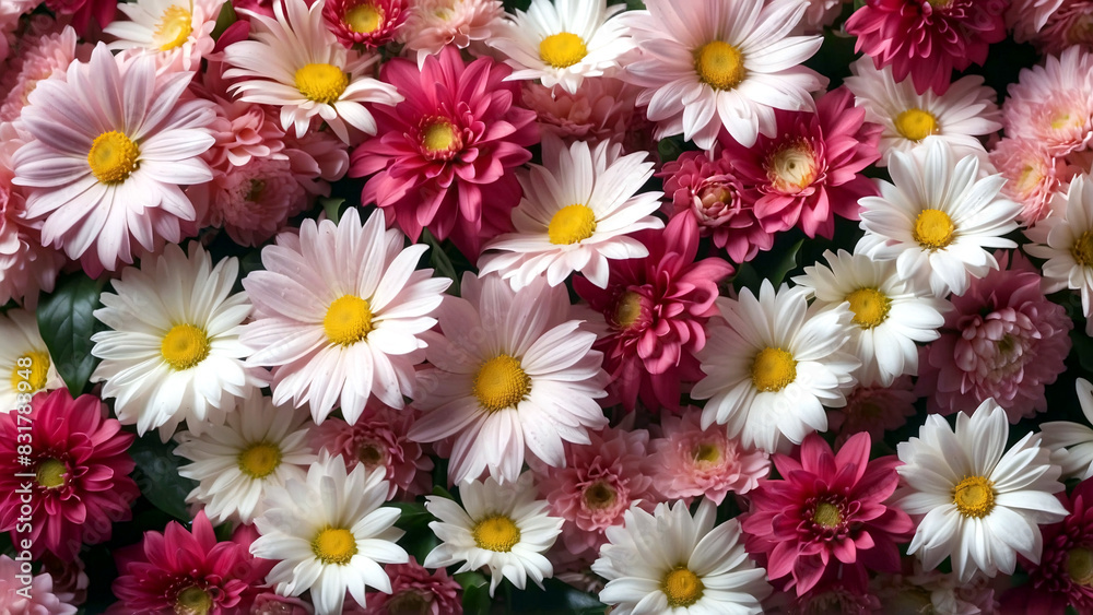 Obraz premium Blooming colorful various flowers background, top view, spring or summer backdrop. Generative AI.