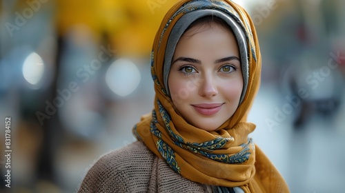 Beautiful Muslim girl in a modern hijab  with a gentle smile and sparkling eyes  captured against a softly blurred  wide background