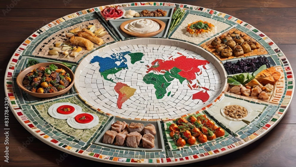 Mosaic World Map with International Cuisine Sampler Mosaic World Map with International Cuisine Sampler
