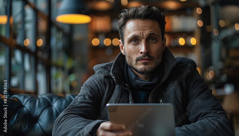 Highresolution 8K quality image of a man in an online meeting, professional setting, detailed background