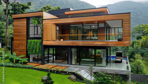 Modern house with wooden cladding and large windows, surrounded by greenery in the mountains. The building has an elegant design featuring geometric shapes, while concrete walls add to its modern aest