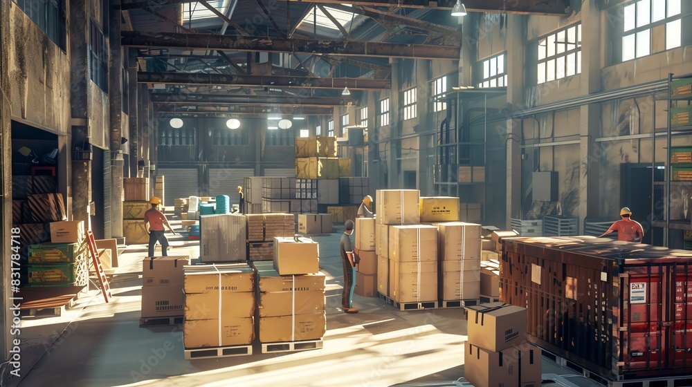 Warehouse with workers packing boxes, realistic textures Warehouse with workers packing boxes, realistic textures