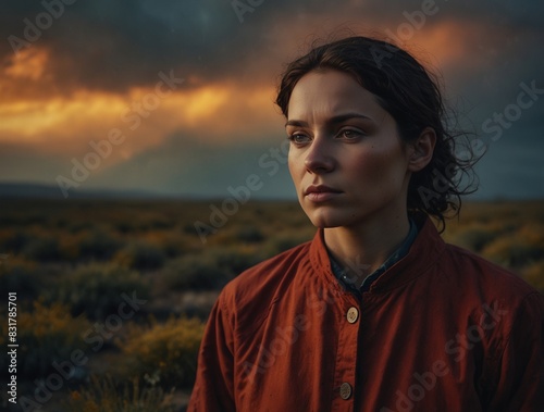 Woman in Field at Sunset. Generative AI