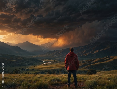 Contemplating Nature's Power - Man Stands Before a Dramatic Mountain Valley Sunset. Generative AI