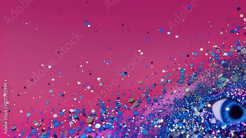 A deep pink backdrop with a blue iris in the lower right corner, and a scattering of blue and silver glitter, offering a unique and eye-catching design for a special occasion.