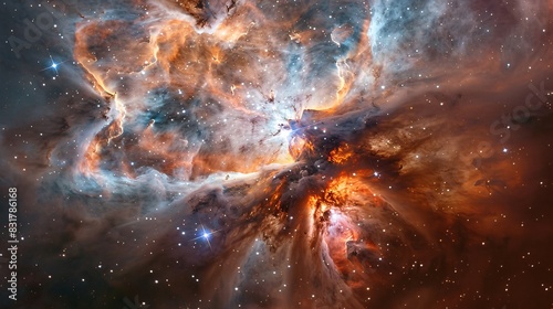 A serene and ethereal image of a star-forming region within a nebula, with newborn stars shining brightly amidst the swirling clouds of gas and dust. photo