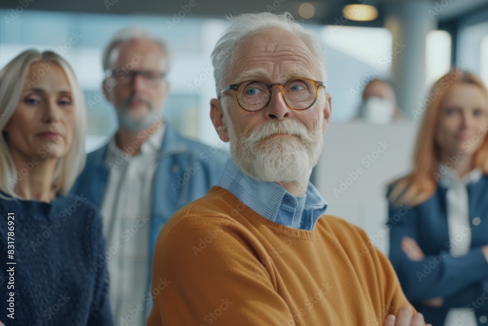 Portrait of a senior businessman with his team in the background.