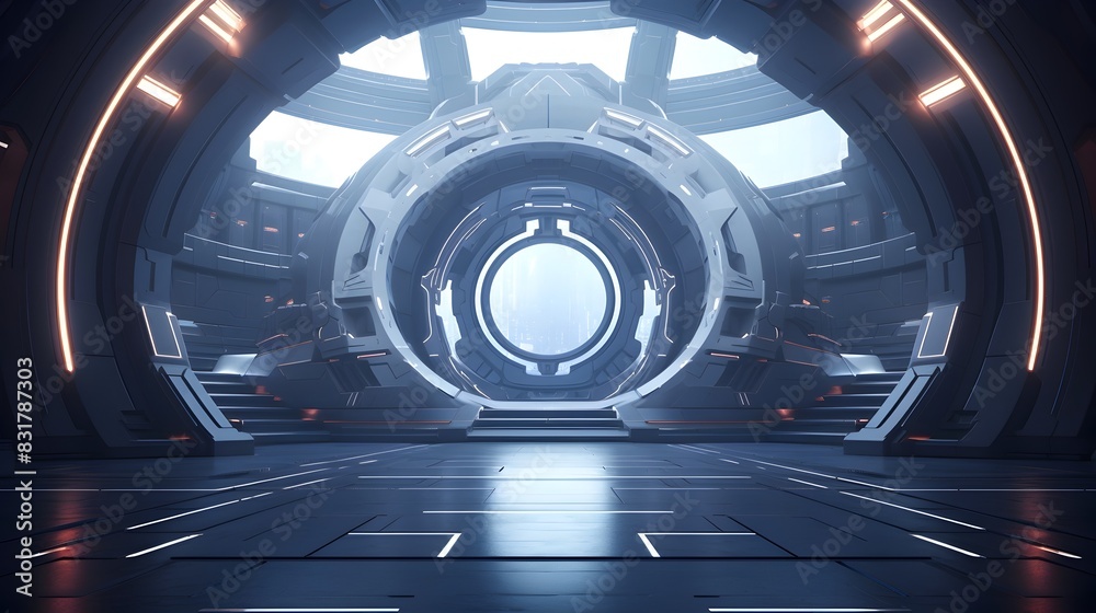 Futuristic Science Fiction Alien Interior Architecture with Open Gate Portal