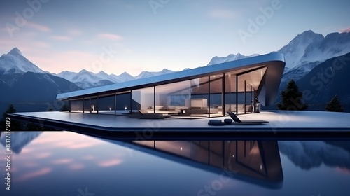Sleek Modern Mountain Villa with Panoramic Lake Reflection photo