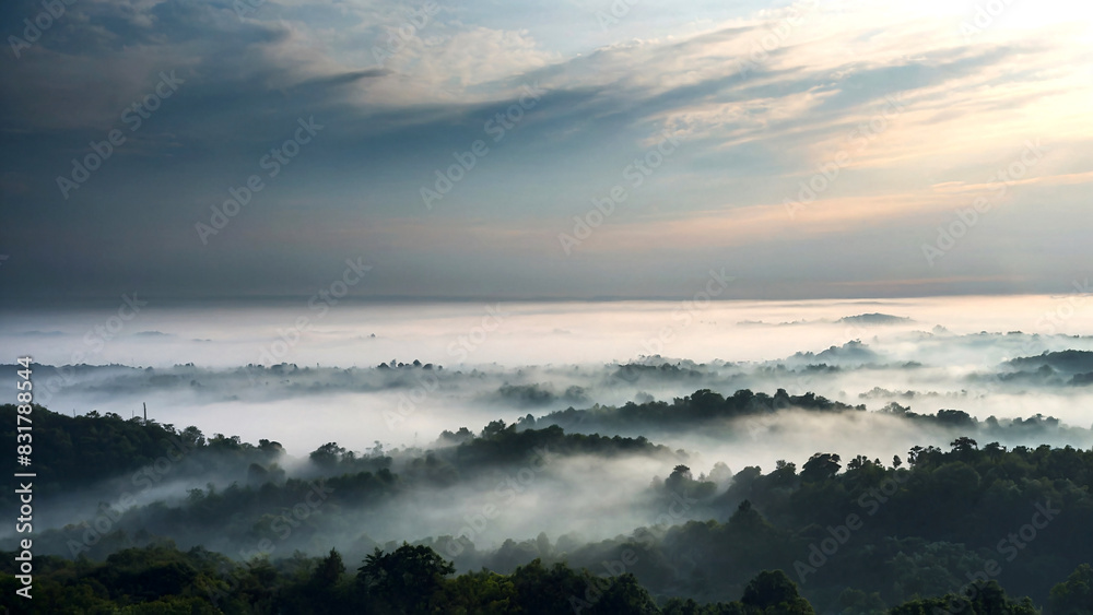 Fototapeta premium Haze, fog, clouds over the mountains, climate background. Generative AI.