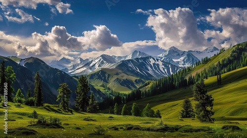 Altay's Summertime Splendor: Lush Green Meadows and Blossoming Wildflowers, A Vibrant and Colorful Summer Landscape photo