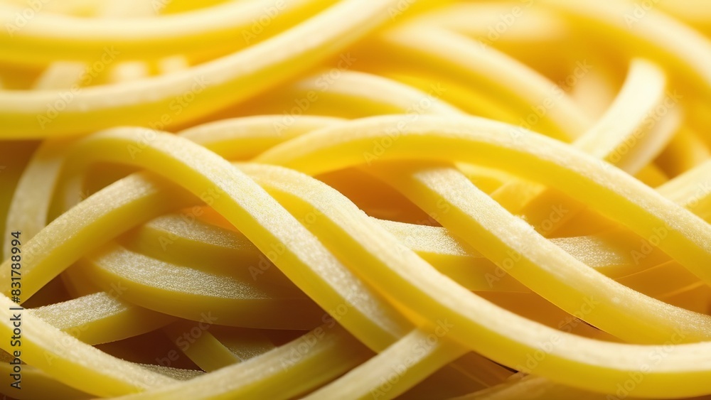 Close-up of uncooked, yellow spaghetti pasta arranged in loose coils, showing a smooth and shiny texture. The image captures the intricate loops and swirls of the long pasta strands Close-up of uncooked, yellow spaghetti pasta arranged in loose coils, showing a smooth and shiny texture. The image captures the intricate loops and swirls of the long pasta strands