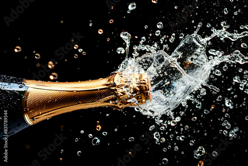 A champagne bottle being opened with a dramatic splash, surrounded by sparkling water droplets against a dark background.