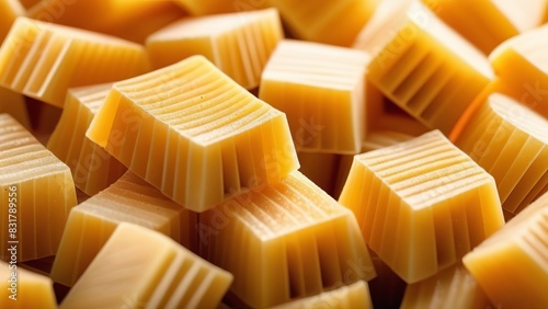 A close-up of uncooked, yellow macaroni pasta, each piece showcasing its characteristic elbow shape and ridged texture photo