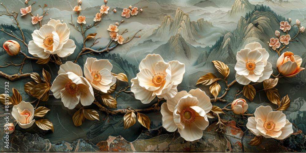 Fototapeta premium panel wall art, wall decoration, marble background with flowers designs