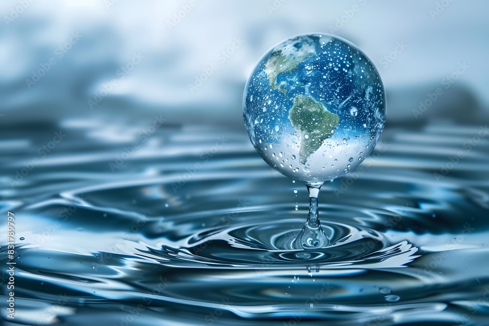 An illustration of a water droplet containing the Earth, suspended above rippling water, symbolizing environmental balance An illustration of a water droplet containing the Earth, suspended above rippling water, symbolizing environmental balance