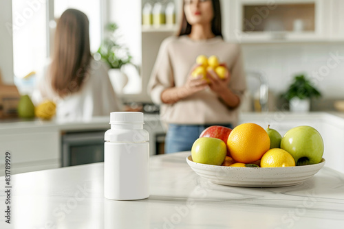 A white bottle and a bowl of fruits sit on a kitchen counter, with a woman holding lemons in the background.