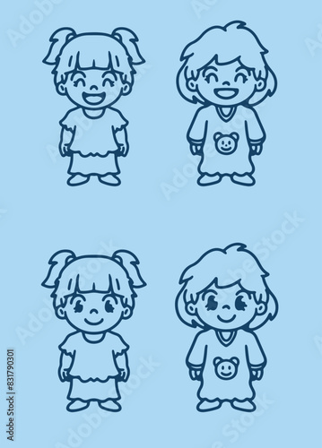 set of cartoon people child boy and girl kid lineart © Bvrgvndy