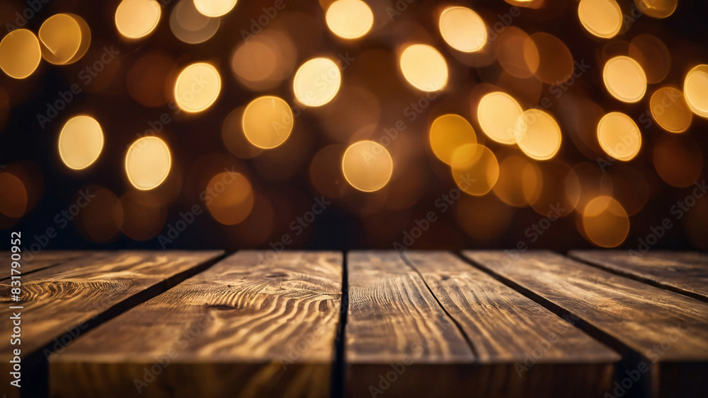 Wooden table and light soft blurred golden bokeh lights, Christmas background, wallpaper. Generative AI. Wooden table and light soft blurred golden bokeh lights, Christmas background, wallpaper. Generative AI.