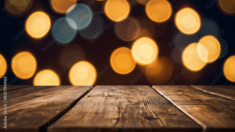 Wooden table and light soft blurred golden bokeh lights, Christmas background, wallpaper. Generative AI. Wooden table and light soft blurred golden bokeh lights, Christmas background, wallpaper. Generative AI.